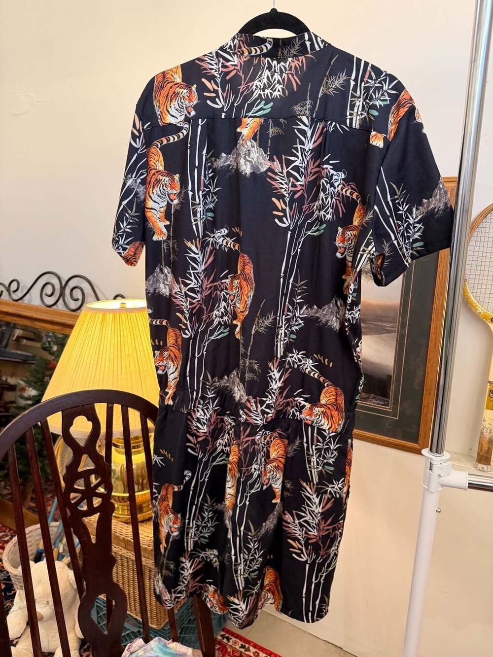 Retro Eclectic Bamboo Tiger Romper Scrunch Elastic Waist Pockets Size L